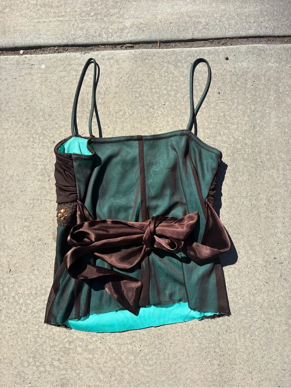 Embellished Brown and Teal Spaghetti-Strap Camisole - Picture 2 of 3